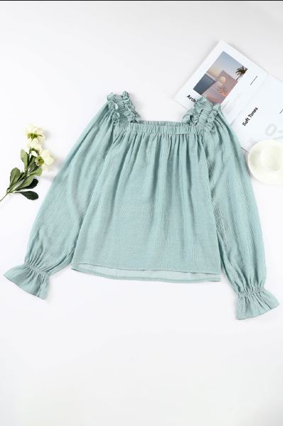 Ruffled Square Neck Cuffs Long Sleeve Blouse