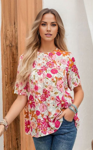 Boho Flower Print Puff Short Sleeve Top