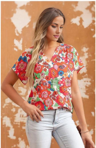 Floral Split Neck Top