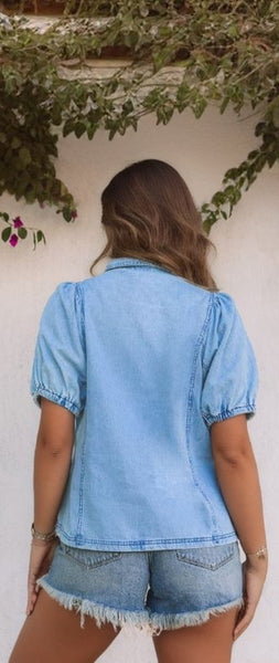 Short Bubble Sleeve Snap Button Denim Shirt