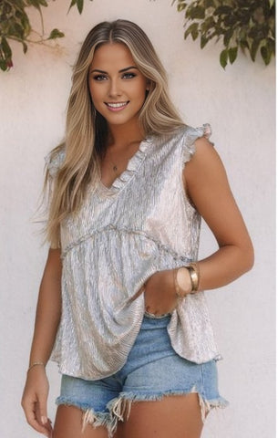 Frilled V Neck Metallic Crinkle Blouse