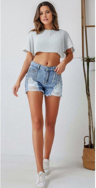 Rhinestone Tassel Distressed Denim Shorts