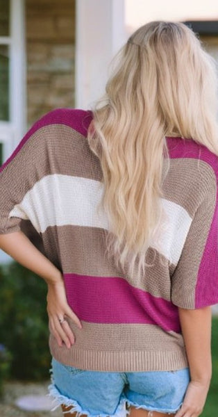 Contrast Stripe Knit Half Sleeve Sweater