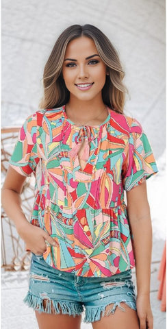 Boho Abstract Pattern Split V Neck Flowy Blouse