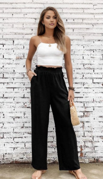 Wide Leg Elastic Waist Casual Pants with Pockets