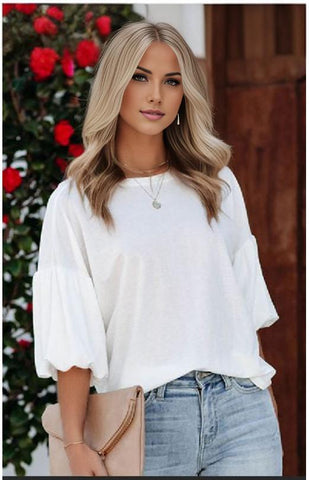 Joint Bubble Sleeve Round Neck Blouse