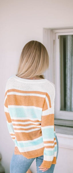 Colorblock Stripe Long Sleeve Split Sweater