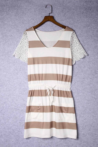 Lace Crochet Short Sleeve Drawstring Striped Dress