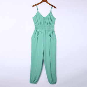 Shirred High Waist Sleeveless V Neck Jumpsuit