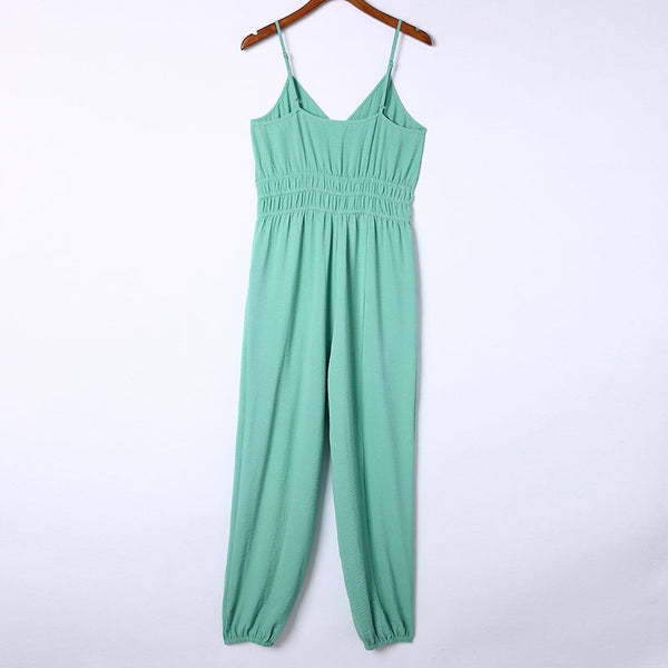 Shirred High Waist Sleeveless V Neck Jumpsuit