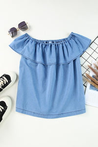 Off-the-shoulder Ruffled Denim Top