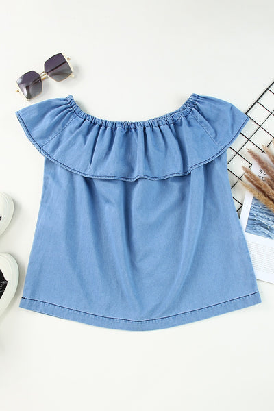 Off-the-shoulder Ruffled Denim Top