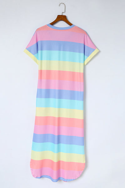 Striped Side Split Pockets V Neck T Shirt Dress