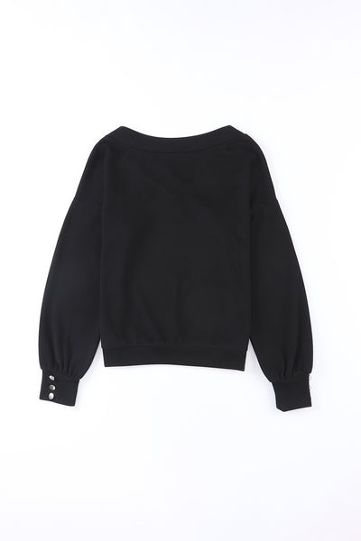 Knitted V Neck Buttoned Cuffs Sweater