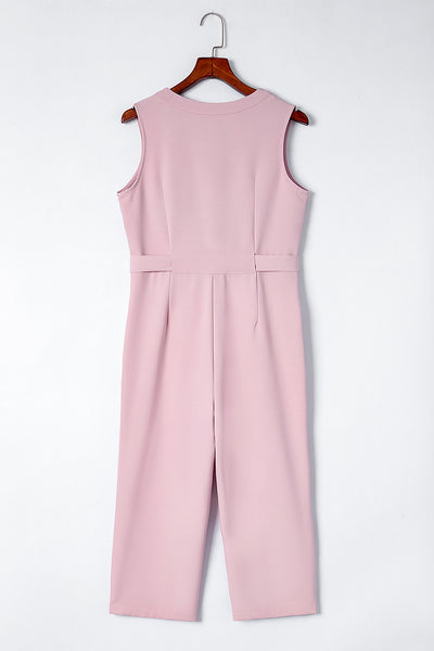 Buttoned Sleeveless Cropped Jumpsuit with Sash