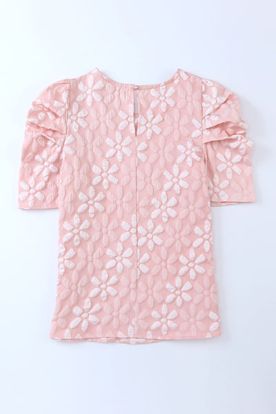 Floral Lace Ruched Bubble Sleeve Top