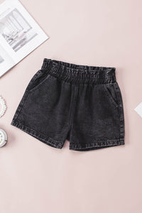 Ruffled Elastic High Waist Denim Shorts