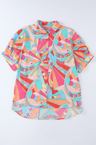 Geometry Print Half Puff Sleeve Loose Shirt