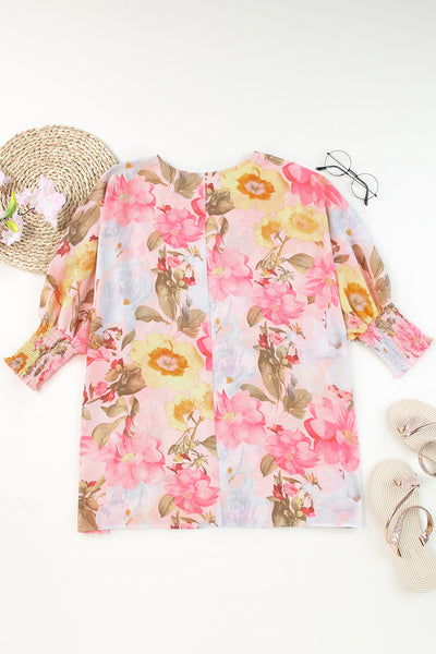 Shirred Cuff 3/4 Sleeve Loose Fit Floral Blouse