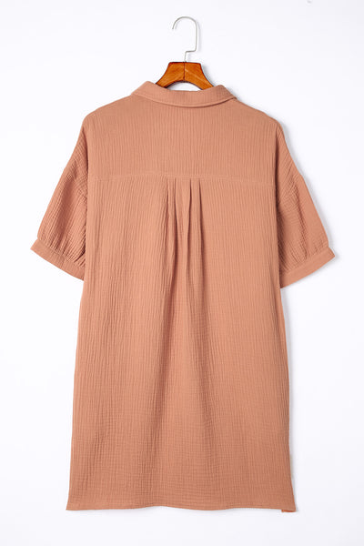 Crinkle Textured Joint Bubble Sleeve Shirt Dress