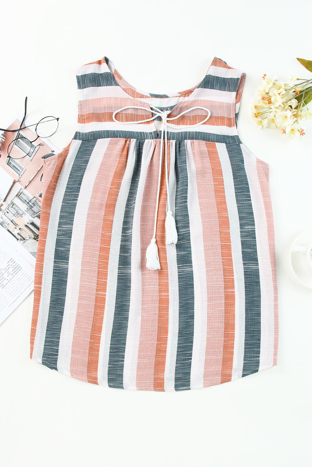 Split V Neck Striped Print Tank Top