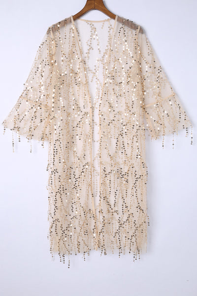 Sequin Sheer Long Sleeve Open Front Kimono