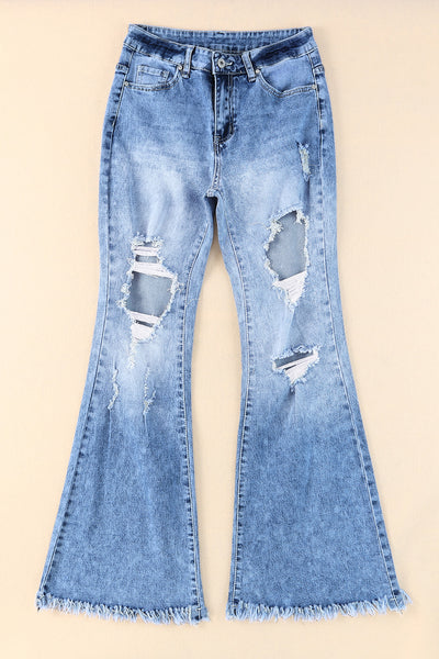 Distressed Damage Holes Raw Flare Leg Jeans