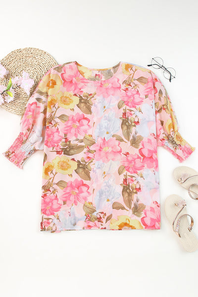 Shirred Cuff 3/4 Sleeve Loose Fit Floral Blouse