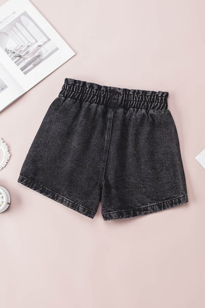 Ruffled Elastic High Waist Denim Shorts