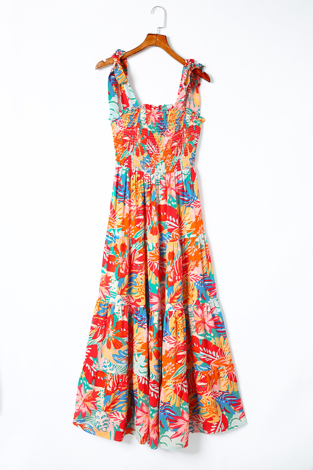 Tropical Print Smocked Ruffle Tiered Maxi Dress