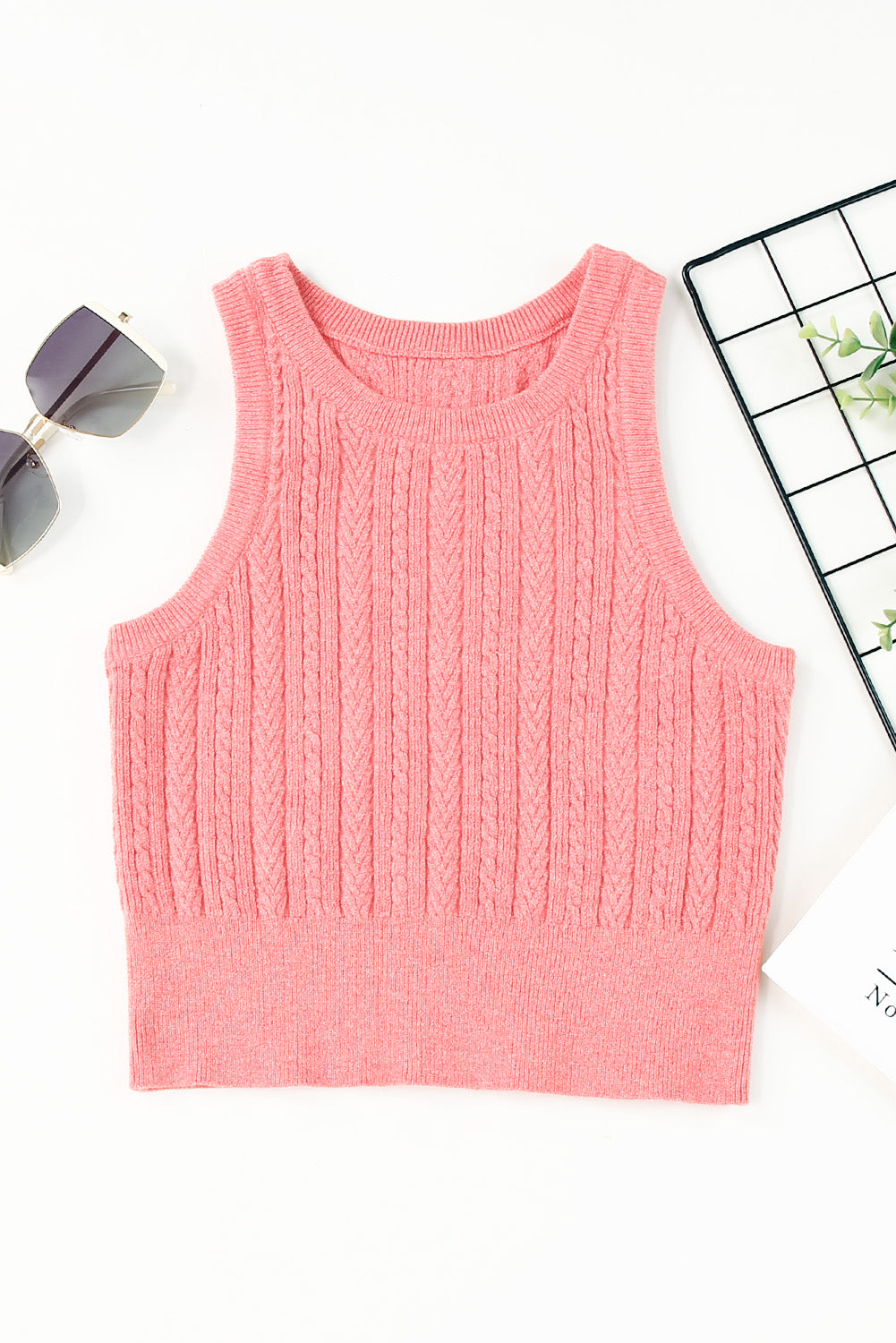 Cable Knit Ribbed Trim Sleeveless Crop Top