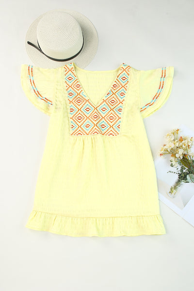 Geometric Embroidery Textured Top with Ruffles