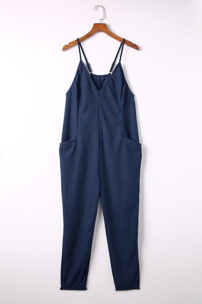 Textured V-Neck Pocketed Casual Jumpsuit