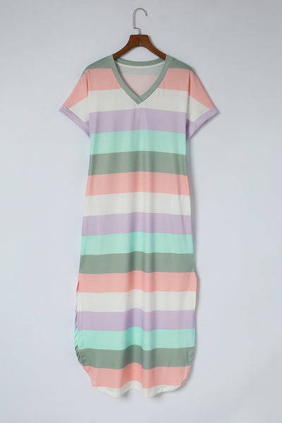 Striped Side Split Pockets V Neck T Shirt Dress