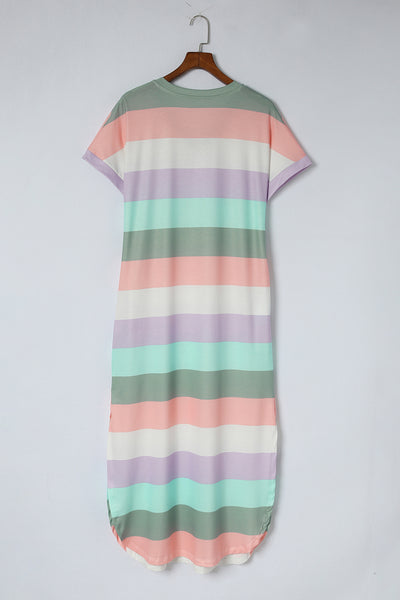 Striped Side Split Pockets V Neck T Shirt Dress