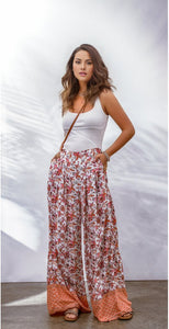 Floral Print Shirred High Waist Wide Leg Pants