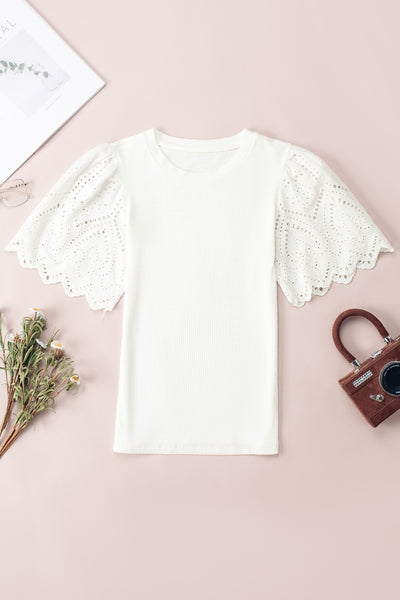 Scalloped Eyelet Sleeve Ribbed Knit Top