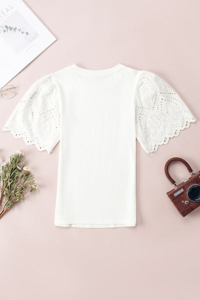 Scalloped Eyelet Sleeve Ribbed Knit Top