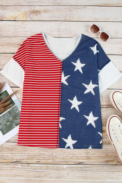 Stripes Stars Print Knit Short Sleeves Top