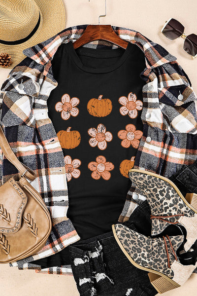 Pumpkin Flower Print Short Sleeve Graphic T Shirt