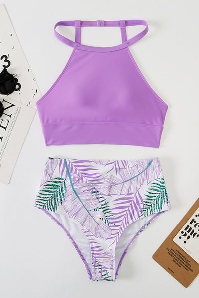 Strappy Halter Bikini Printed High Waist Swimsuit