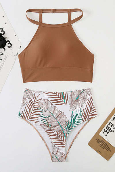 Strappy Halter Bikini Printed High Waist Swimsuit