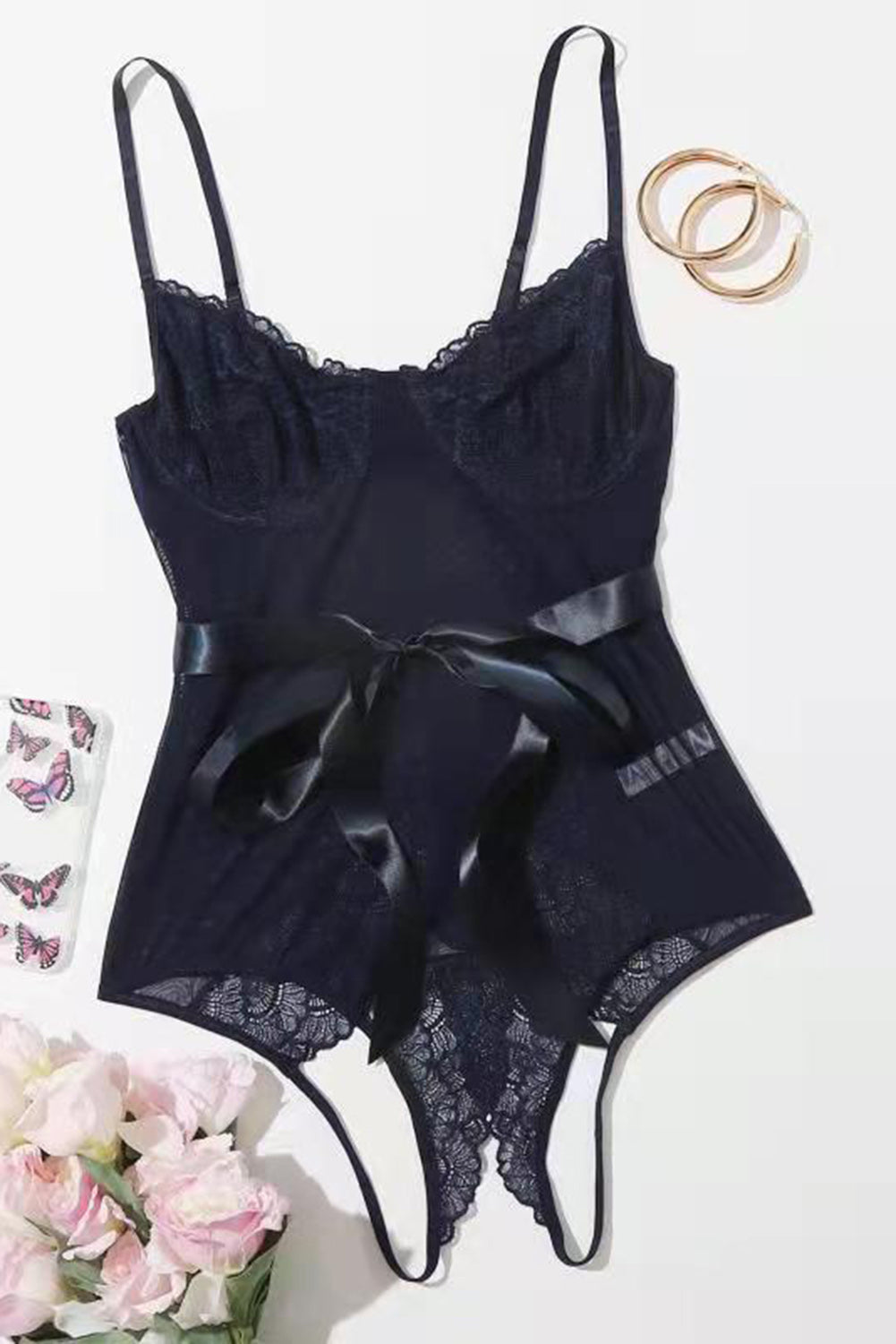 Lace Splicing Bowknot Teddy Lingerie