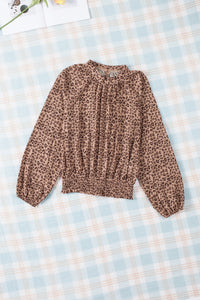 Leopard Bubble Sleeves Smocked Blouse