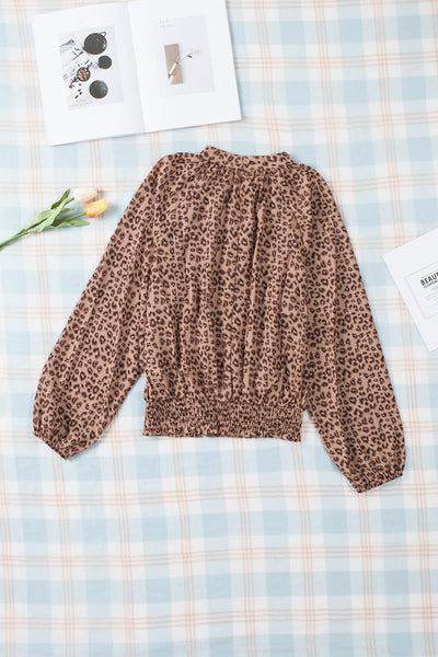 Leopard Bubble Sleeves Smocked Blouse