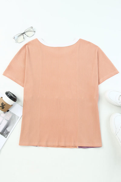 Colorblock Stitching Short Sleeve Rib Knit Top