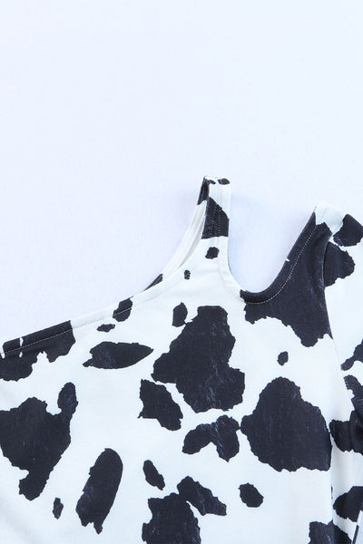 One Shoulder Cow Print Cut out Short Sleeve Top