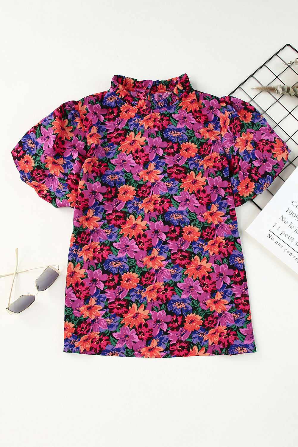 Floral Print Round Neck Puff Sleeve Blouse