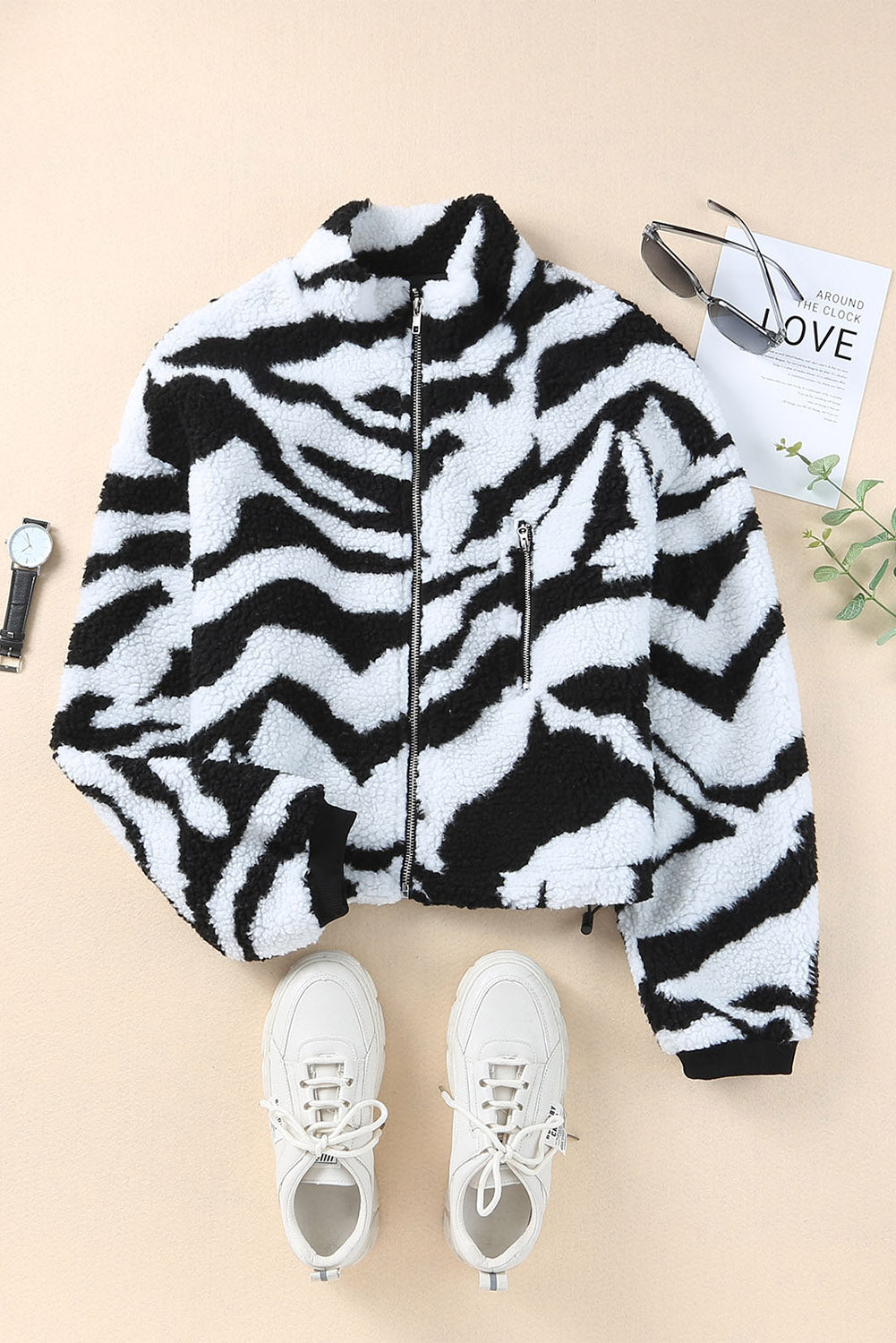 Zebra Teddy Zip-up High Neck Jacket