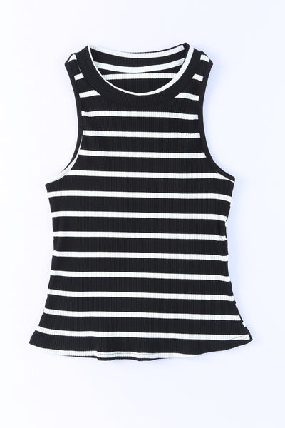 Striped Print Ribbed O-neck Sleeveless Top